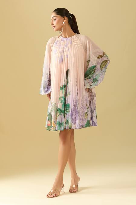Buy Pankaj & Nidhi Pink Round Neck Botanical Pattern Pleated Dress Buy_Pankaj & Nidhi_Pink Round Neck Botanical Pattern Pleated Dress