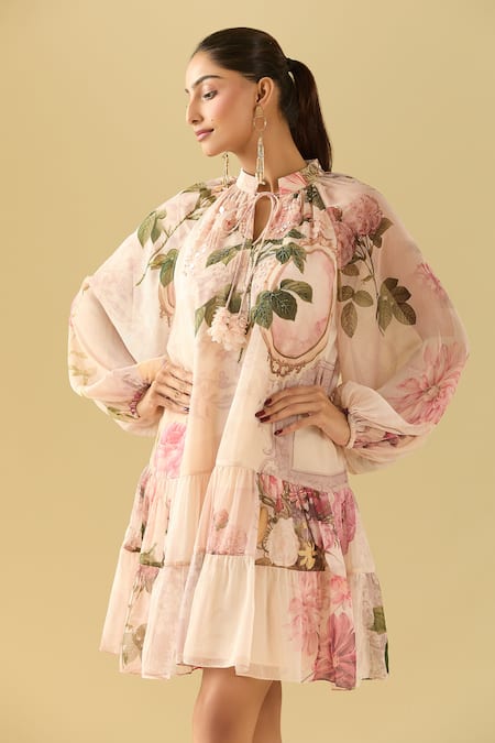 Pankaj & Nidhi Pink Chiffon Embroidery, Sequins Open Neck Floral Bloom Tie-up Tiered Dress Online at Aza Fashions Pankaj & Nidhi_Pink Chiffon Embroidery, Sequins Open Neck Floral Bloom Tie-up Tiered Dress _Online_at_Aza_Fashions