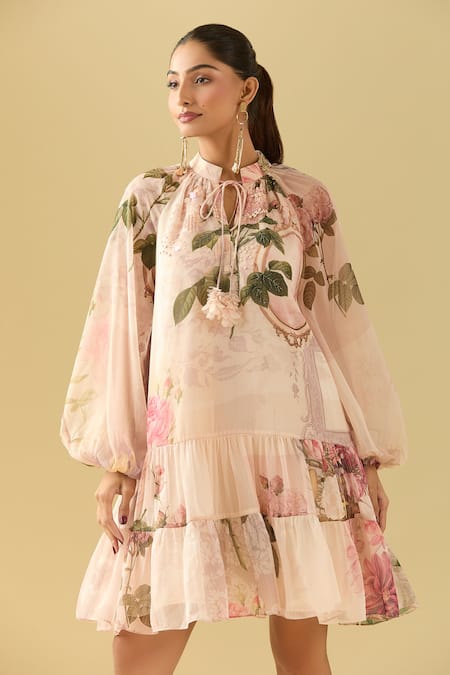 Buy Pankaj & Nidhi Pink Chiffon Embroidery, Sequins Open Neck Floral Bloom Tie-up Tiered Dress Online at Aza Fashions Buy_Pankaj & Nidhi_Pink Chiffon Embroidery, Sequins Open Neck Floral Bloom Tie-up Tiered Dress _Online_at_Aza_Fashions