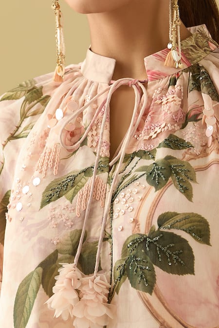 Shop Pankaj & Nidhi Pink Chiffon Embroidery, Sequins Open Neck Floral Bloom Tie-up Tiered Dress Online at Aza Fashions Shop_Pankaj & Nidhi_Pink Chiffon Embroidery, Sequins Open Neck Floral Bloom Tie-up Tiered Dress _Online_at_Aza_Fashions