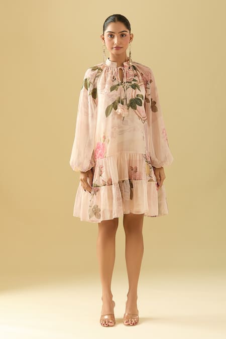 Pankaj & Nidhi Pink Chiffon Embroidery, Sequins Open Neck Floral Bloom Tie-up Tiered Dress at Aza Fashions Pankaj & Nidhi_Pink Chiffon Embroidery, Sequins Open Neck Floral Bloom Tie-up Tiered Dress _at_Aza_Fashions