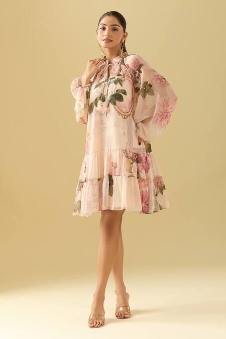 Buy Pankaj & Nidhi Pink Chiffon Embroidery, Sequins Open Neck Floral Bloom Tie-up Tiered Dress Buy_Pankaj & Nidhi_Pink Chiffon Embroidery, Sequins Open Neck Floral Bloom Tie-up Tiered Dress