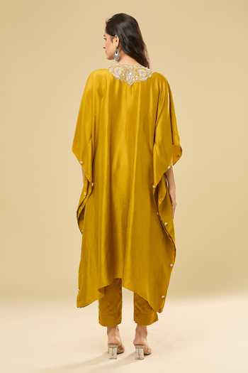 Shop Prisho Yellow Silk Embroidery Round Neck Gota Mustard Kaftan And Pant Set at Aza Fashions Shop_Prisho_Yellow Silk Embroidery Round Neck Gota Mustard Kaftan And Pant Set _at_Aza_Fashions