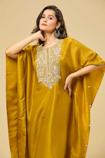 Prisho Yellow Silk Embroidery Round Neck Gota Mustard Kaftan And Pant Set Online at Aza Fashions Prisho_Yellow Silk Embroidery Round Neck Gota Mustard Kaftan And Pant Set _Online_at_Aza_Fashions
