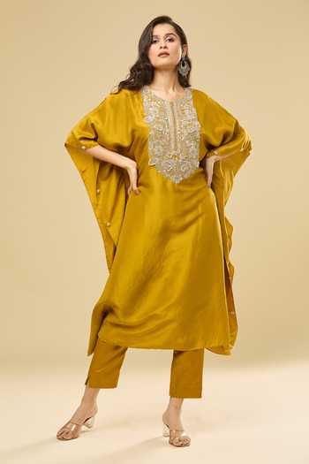 Shop Prisho Yellow Silk Embroidery Round Neck Gota Mustard Kaftan And Pant Set Online at Aza Fashions Shop_Prisho_Yellow Silk Embroidery Round Neck Gota Mustard Kaftan And Pant Set _Online_at_Aza_Fashions