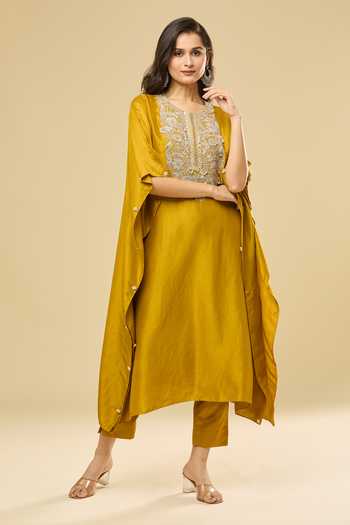 Prisho Yellow Silk Embroidery Round Neck Gota Mustard Kaftan And Pant Set at Aza Fashions Prisho_Yellow Silk Embroidery Round Neck Gota Mustard Kaftan And Pant Set _at_Aza_Fashions
