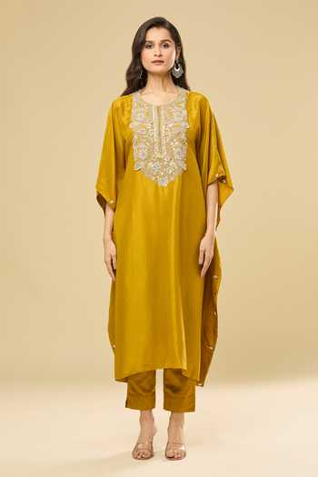 Buy Prisho Yellow Silk Embroidery Round Neck Gota Mustard Kaftan And Pant Set Buy_Prisho_Yellow Silk Embroidery Round Neck Gota Mustard Kaftan And Pant Set