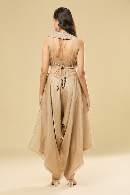 Shop Prisho Beige Cotton Floral Embroidered Cape Set With Draped Pant at Aza Fashions Shop_Prisho_Beige Cotton Floral Embroidered Cape Set With Draped Pant _at_Aza_Fashions