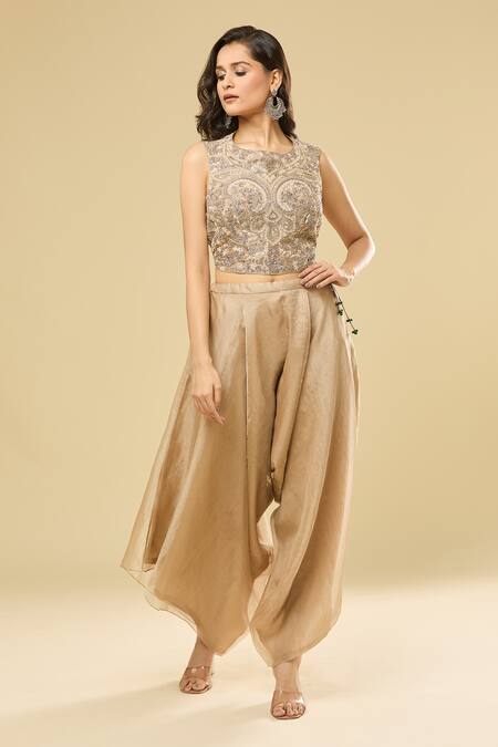 Shop Prisho Beige Cotton Floral Embroidered Cape Set With Draped Pant Online at Aza Fashions Shop_Prisho_Beige Cotton Floral Embroidered Cape Set With Draped Pant _Online_at_Aza_Fashions