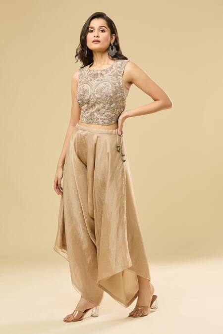 Prisho Beige Cotton Floral Embroidered Cape Set With Draped Pant at Aza Fashions Prisho_Beige Cotton Floral Embroidered Cape Set With Draped Pant _at_Aza_Fashions