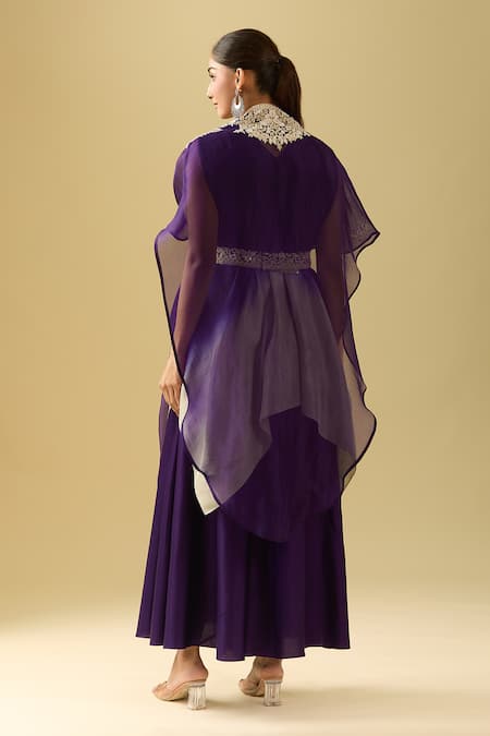 Shop Prisho Purple Cotton Pearls, Sequins, Beads V-neck Floral Embroidered Cape And Pant Set at Aza Fashions Shop_Prisho_Purple Cotton Pearls, Sequins, Beads V-neck Floral Embroidered Cape And Pant Set _at_Aza_Fashions