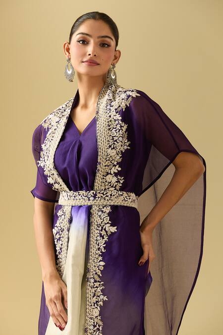Buy Prisho Purple Cotton Pearls, Sequins, Beads V-neck Floral Embroidered Cape And Pant Set Online at Aza Fashions Buy_Prisho_Purple Cotton Pearls, Sequins, Beads V-neck Floral Embroidered Cape And Pant Set _Online_at_Aza_Fashions