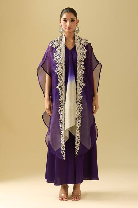 Shop Prisho Purple Cotton Pearls, Sequins, Beads V-neck Floral Embroidered Cape And Pant Set Online at Aza Fashions Shop_Prisho_Purple Cotton Pearls, Sequins, Beads V-neck Floral Embroidered Cape And Pant Set _Online_at_Aza_Fashions