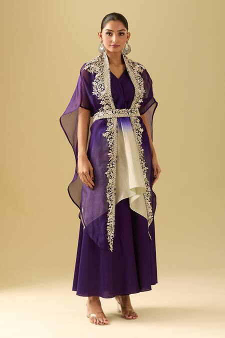 Prisho Purple Cotton Pearls, Sequins, Beads V-neck Floral Embroidered Cape And Pant Set at Aza Fashions Prisho_Purple Cotton Pearls, Sequins, Beads V-neck Floral Embroidered Cape And Pant Set _at_Aza_Fashions