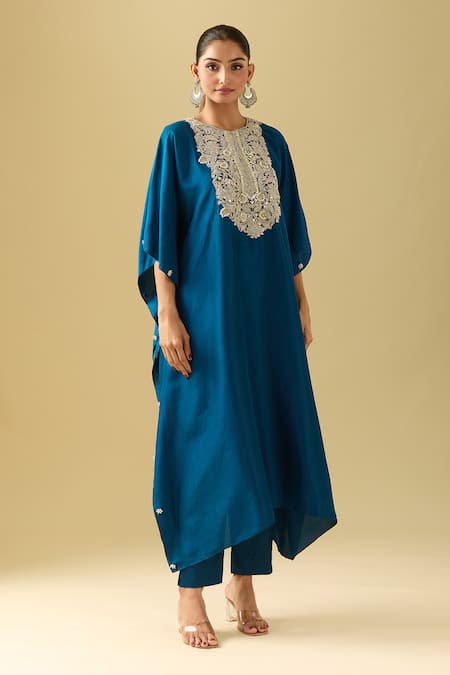 Prisho_Blue Cotton Pearls, Gota Patti Round Neck Floral Vine Embroidered Kaftan Set _at_Aza_Fashions