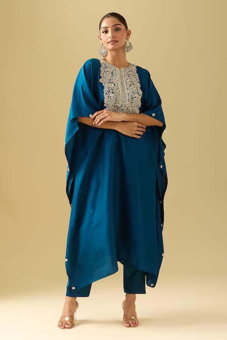 Buy_Prisho_Blue Cotton Pearls, Gota Patti Round Neck Floral Vine Embroidered Kaftan Set 