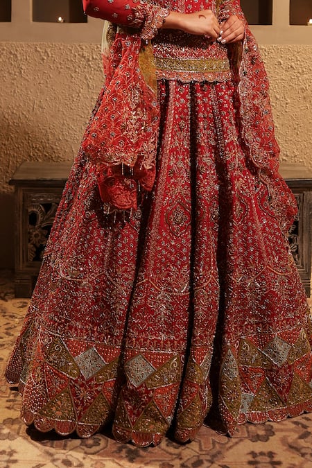 Buy_Kapda Dori_Maroon Silk, Crepe, Net Crystals, Cut Work, Pearls, Resham Bridal Lehenga Set _Online_at_Aza_Fashions