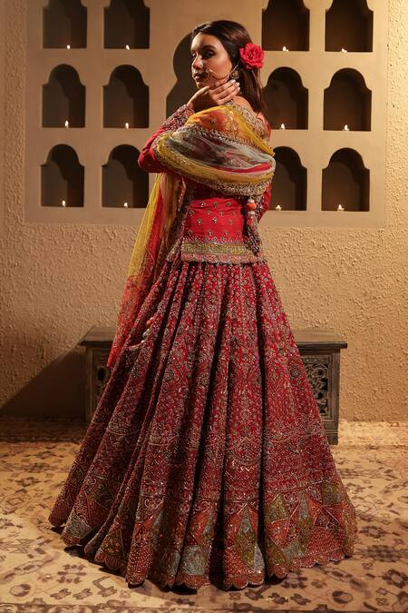 Shop_Kapda Dori_Maroon Silk, Crepe, Net Crystals, Cut Work, Pearls, Resham Bridal Lehenga Set _Online_at_Aza_Fashions