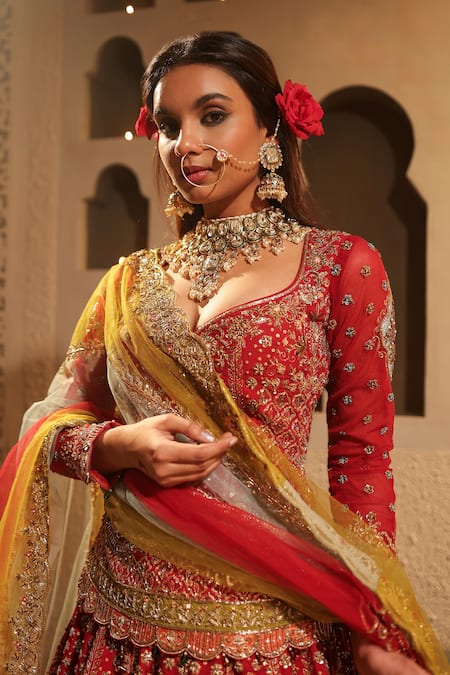 Kapda Dori_Maroon Silk, Crepe, Net Crystals, Cut Work, Pearls, Resham Bridal Lehenga Set _at_Aza_Fashions