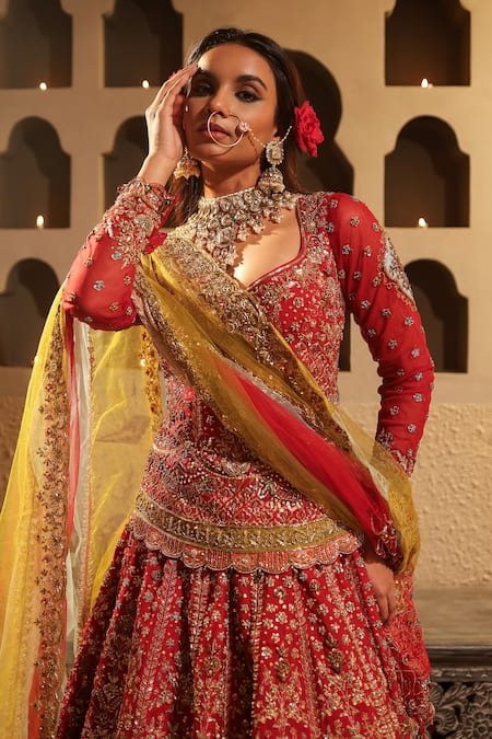 Buy_Kapda Dori_Maroon Silk, Crepe, Net Crystals, Cut Work, Pearls, Resham Bridal Lehenga Set 