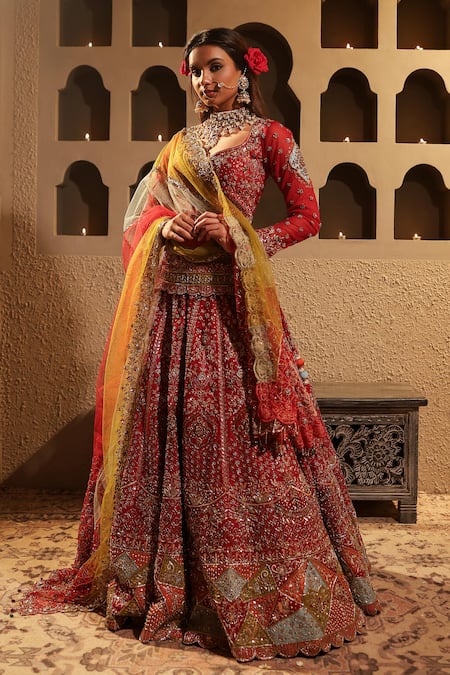 Shop_Kapda Dori_Maroon Silk, Crepe, Net Crystals, Cut Work, Pearls, Resham Bridal Lehenga Set 