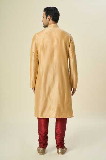 Shop Arihant Rai Sinha Gold Polyester, Silk, Chanderi Embroidery Placket Kurta Set at Aza Fashions Shop_Arihant Rai Sinha_Gold Polyester, Silk, Chanderi Embroidery Placket Kurta Set _at_Aza_Fashions