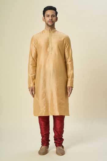 Shop Arihant Rai Sinha Gold Polyester, Silk, Chanderi Embroidery Placket Kurta Set Online at Aza Fashions Shop_Arihant Rai Sinha_Gold Polyester, Silk, Chanderi Embroidery Placket Kurta Set _Online_at_Aza_Fashions