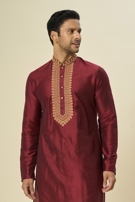 Arihant Rai Sinha_Wine Polyester, Chanderi Embroidery Floral Kurta Set _Online_at_Aza_Fashions