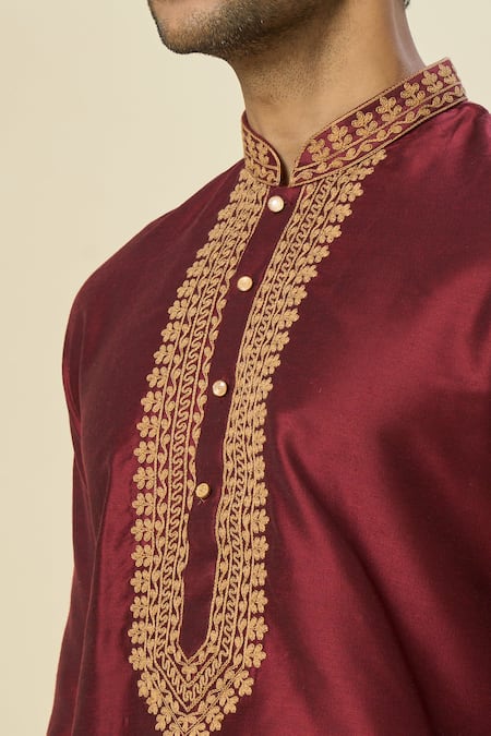 Buy_Arihant Rai Sinha_Wine Polyester, Chanderi Embroidery Floral Kurta Set _Online_at_Aza_Fashions