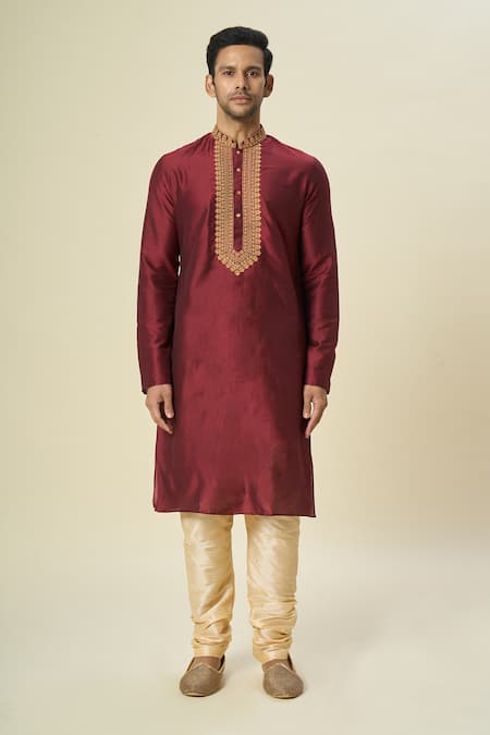 Shop_Arihant Rai Sinha_Wine Polyester, Chanderi Embroidery Floral Kurta Set _Online_at_Aza_Fashions