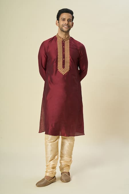 Arihant Rai Sinha_Wine Polyester, Chanderi Embroidery Floral Kurta Set _at_Aza_Fashions