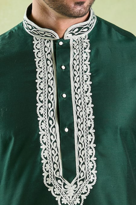 Buy_Arihant Rai Sinha_Green Silk Embroidery Dark Straight Kurta Set _Online_at_Aza_Fashions