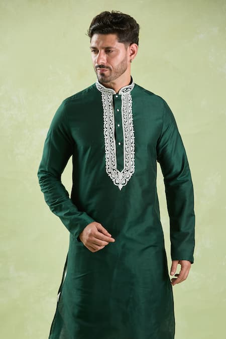 Shop_Arihant Rai Sinha_Green Silk Embroidery Dark Straight Kurta Set _Online_at_Aza_Fashions