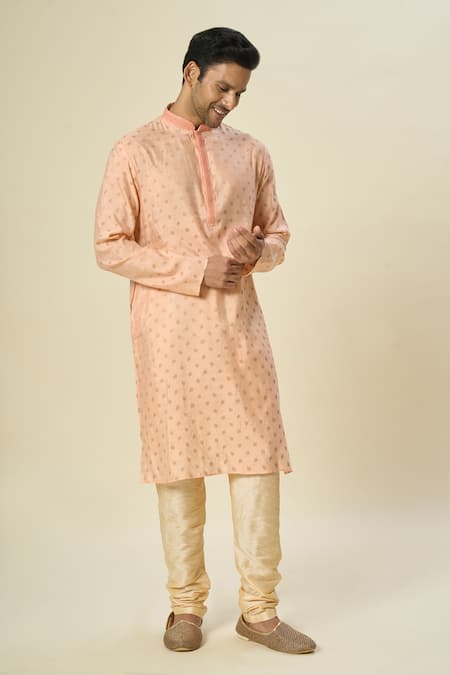 Arihant Rai Sinha_Peach Brocade, Chanderi Embroidery Woven Kurta Set_Online_at_Aza_Fashions