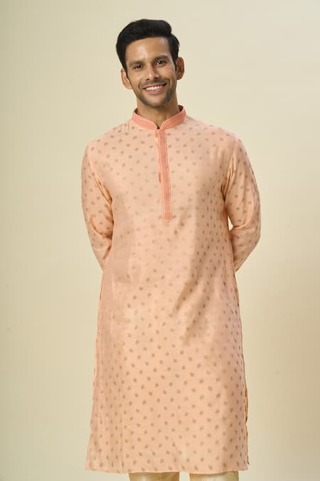 Buy_Arihant Rai Sinha_Peach Brocade, Chanderi Embroidery Woven Kurta Set_Online_at_Aza_Fashions