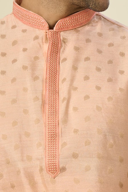 Shop_Arihant Rai Sinha_Peach Brocade, Chanderi Embroidery Woven Kurta Set_Online_at_Aza_Fashions