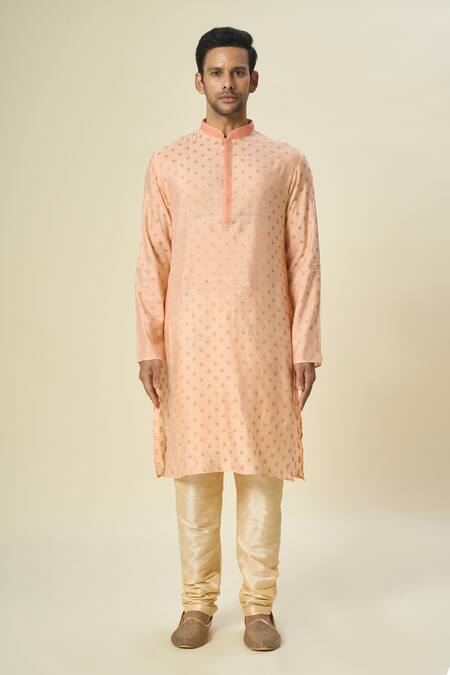 Arihant Rai Sinha_Peach Brocade, Chanderi Embroidery Woven Kurta Set_at_Aza_Fashions
