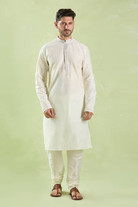 Arihant Rai Sinha_Cream Polyester, Chanderi Embroidery Plain Kurta Set With Churidar _Online_at_Aza_Fashions
