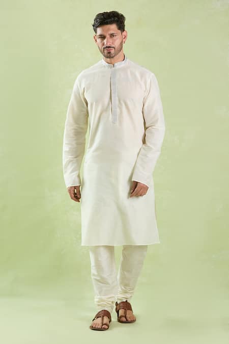 Buy_Arihant Rai Sinha_Cream Polyester, Chanderi Embroidery Plain Kurta Set With Churidar _Online_at_Aza_Fashions