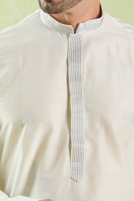 Shop_Arihant Rai Sinha_Cream Polyester, Chanderi Embroidery Plain Kurta Set With Churidar _Online_at_Aza_Fashions