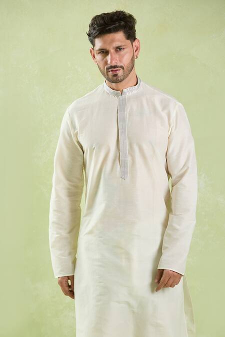Arihant Rai Sinha_Cream Polyester, Chanderi Embroidery Plain Kurta Set With Churidar _at_Aza_Fashions