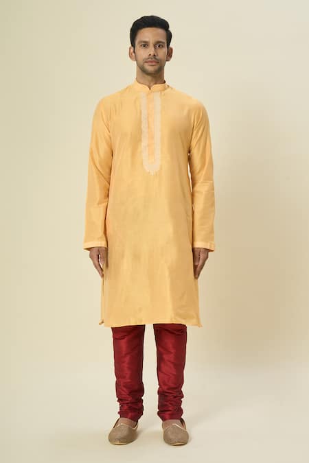 Arihant Rai Sinha_Yellow Polyester, Chanderi Embroidery Thread Placket Kurta Set _Online_at_Aza_Fashions