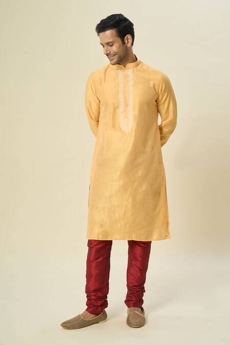 Buy_Arihant Rai Sinha_Yellow Polyester, Chanderi Embroidery Thread Placket Kurta Set _Online_at_Aza_Fashions