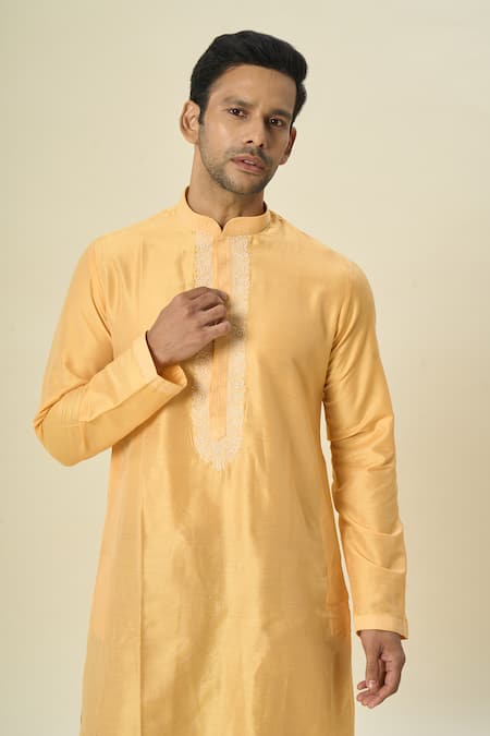 Shop_Arihant Rai Sinha_Yellow Polyester, Chanderi Embroidery Thread Placket Kurta Set _Online_at_Aza_Fashions