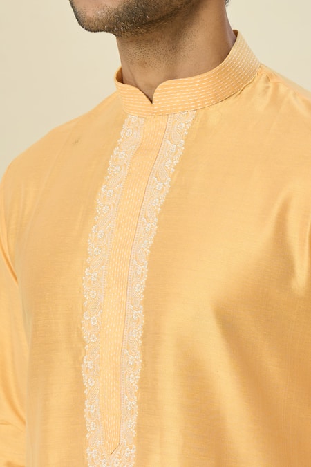 Arihant Rai Sinha_Yellow Polyester, Chanderi Embroidery Thread Placket Kurta Set _at_Aza_Fashions
