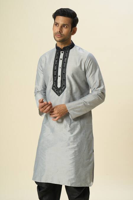 Buy_Arihant Rai Sinha_Gray Polyester, Silk Embroidery Grey Placket Kurta Set _Online_at_Aza_Fashions