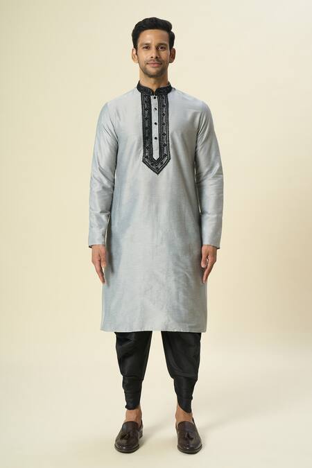 Arihant Rai Sinha_Gray Polyester, Silk Embroidery Grey Placket Kurta Set _at_Aza_Fashions