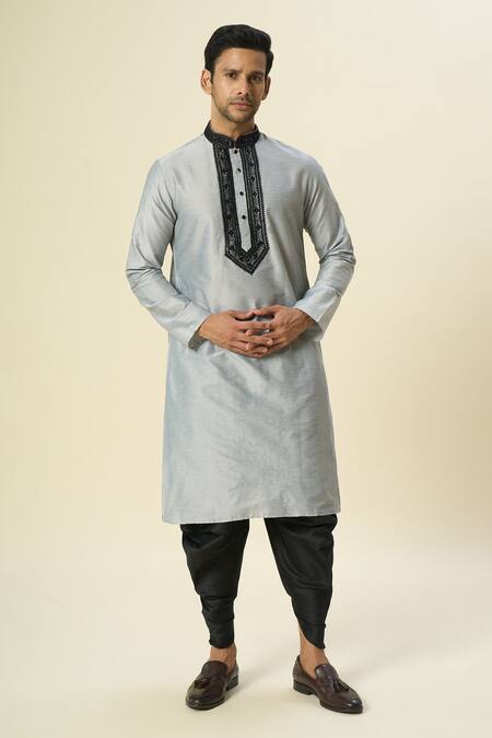 Buy_Arihant Rai Sinha_Gray Polyester, Silk Embroidery Grey Placket Kurta Set 