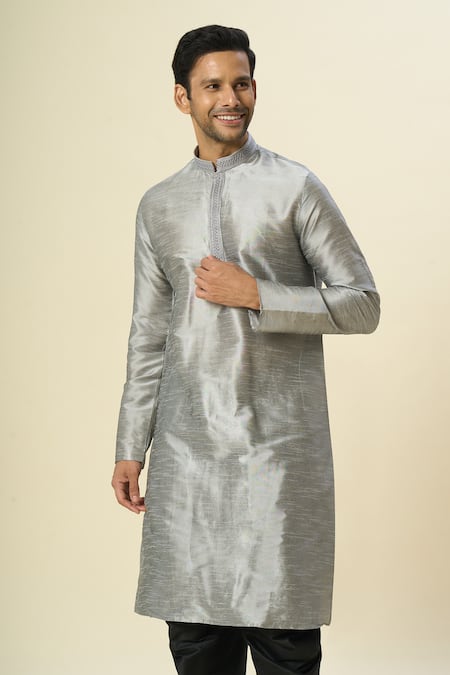 Buy_Arihant Rai Sinha_Gray Silk Embroidery Neck Kurta And Patiala Pant Set _Online_at_Aza_Fashions
