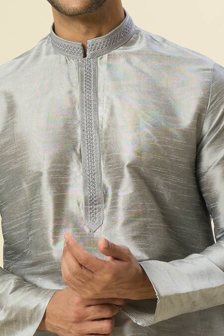 Shop_Arihant Rai Sinha_Gray Silk Embroidery Neck Kurta And Patiala Pant Set _Online_at_Aza_Fashions